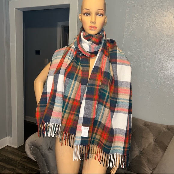 J.Crew NWOT! Classic Plaid Scarf White/Multi Juniper - Picture 2 of 14